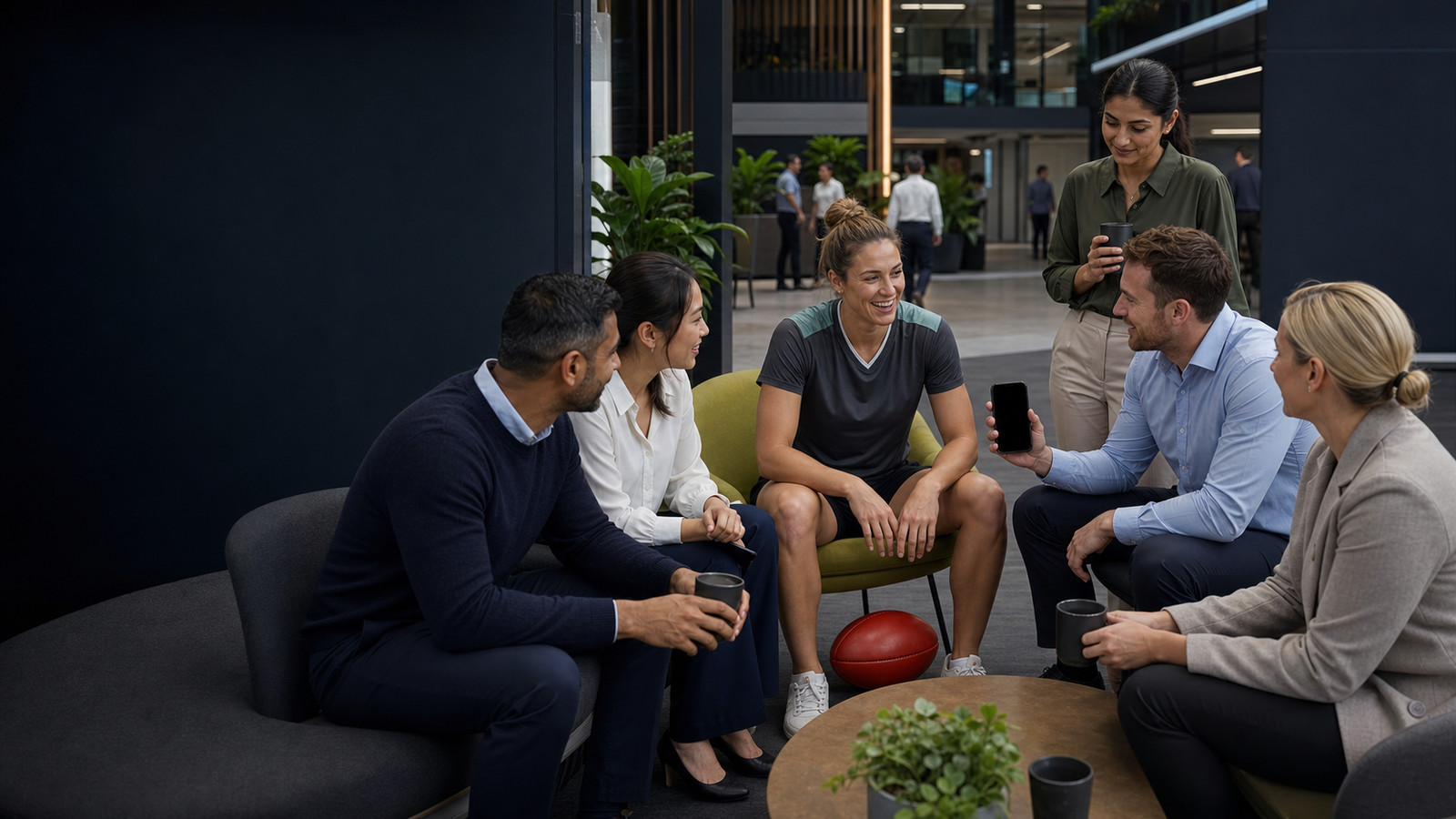 An athlete sitting with a group in a lounge, ball on the floor beside them, everyone leaning in.