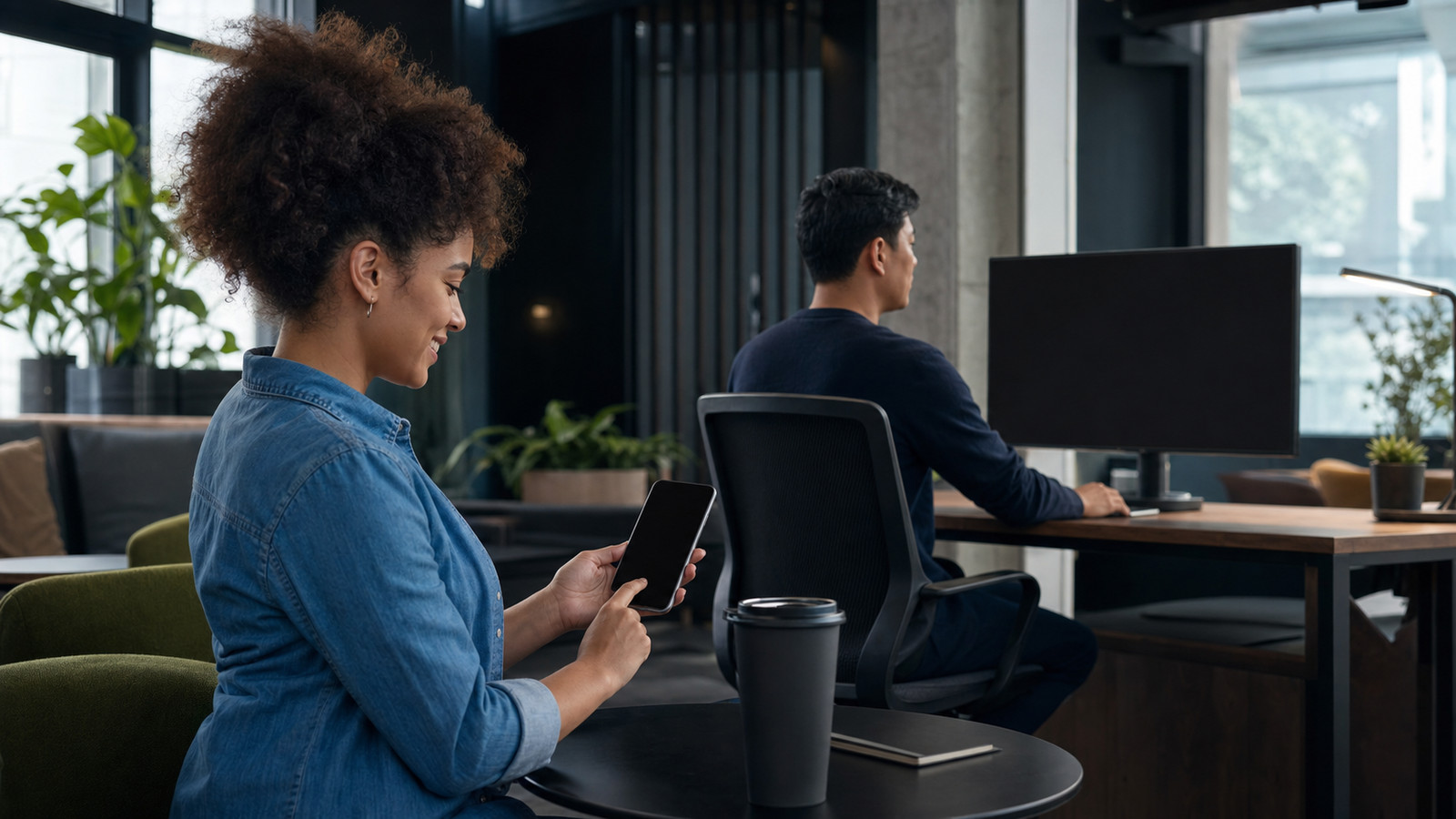 Two marketers at a quiet desk in a low-lit studio, one with a tablet, the other turned to the screen.