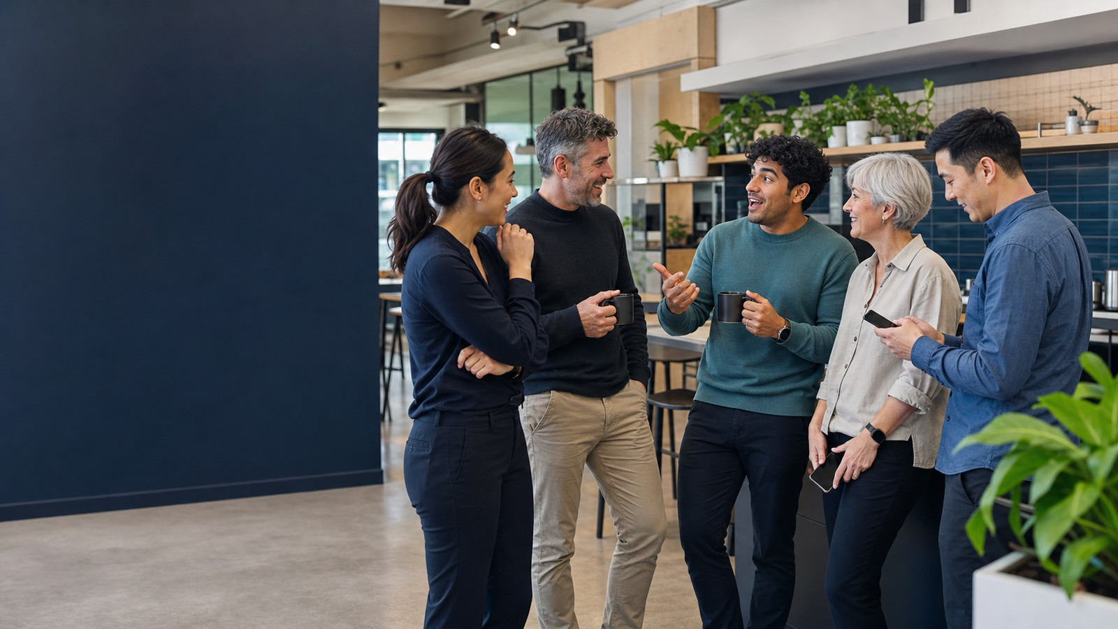 Colleagues standing around a bench in an office breakout space mid-conversation, phones in hand, coffee going cold.