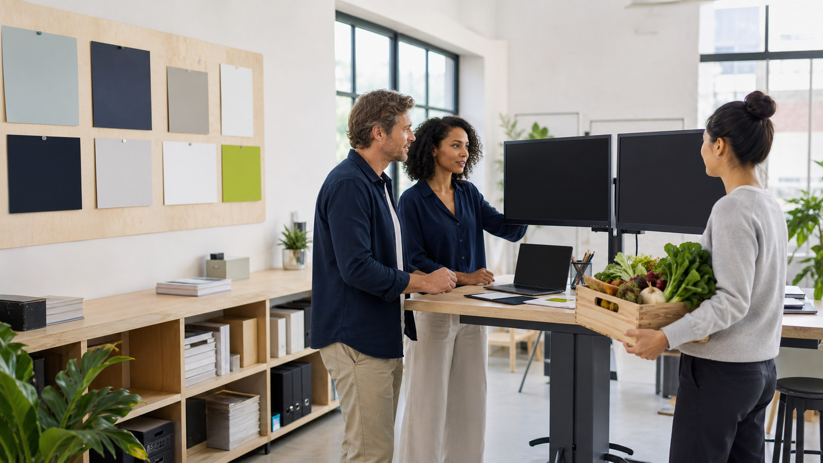 An agency team standing around a bench in a bright studio, samples on the wall, laptop open between them.