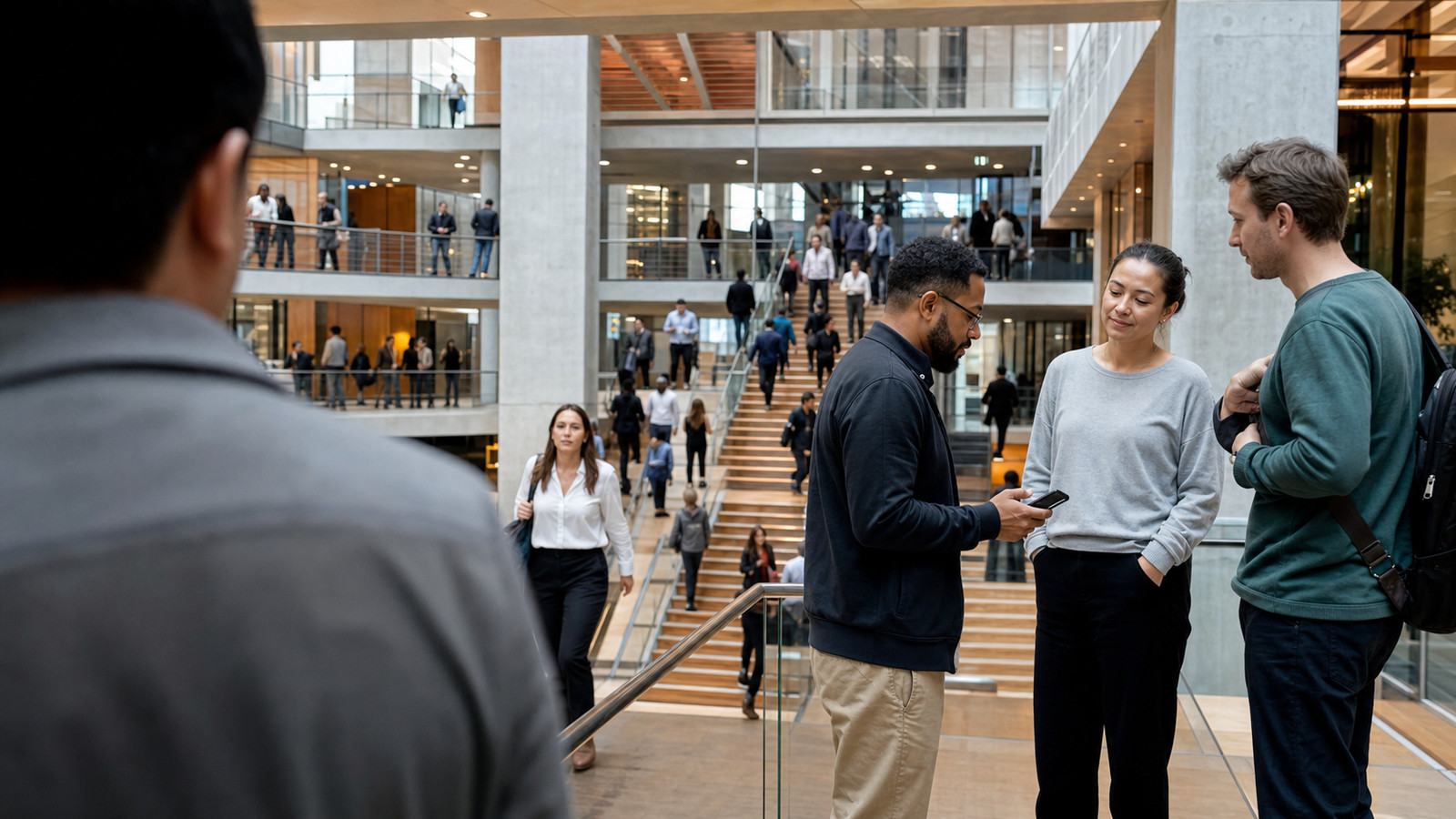 Students and staff talking on a stair landing in a busy campus atrium, the floors above full of people moving.