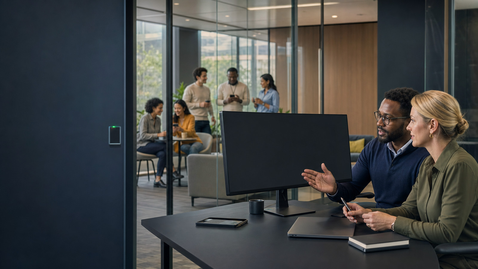 Two people reviewing a dark monitor in a glass-walled meeting room, a badge reader on the door and the office working on behind them.