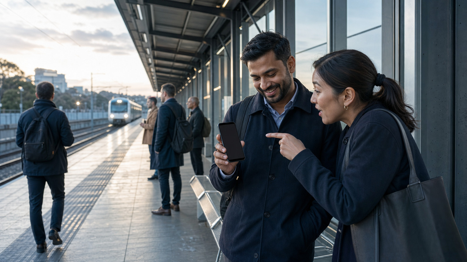 Two commuters on a platform at first light, heads together over a phone while the train comes in.