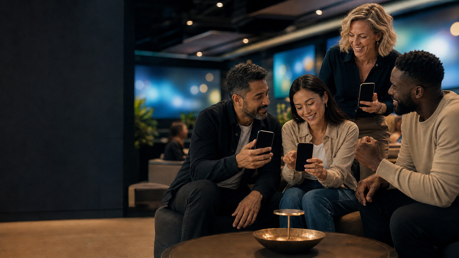 Four colleagues on a couch in a bar, phones out, mid-argument about their tips while the game plays on the screens behind them.