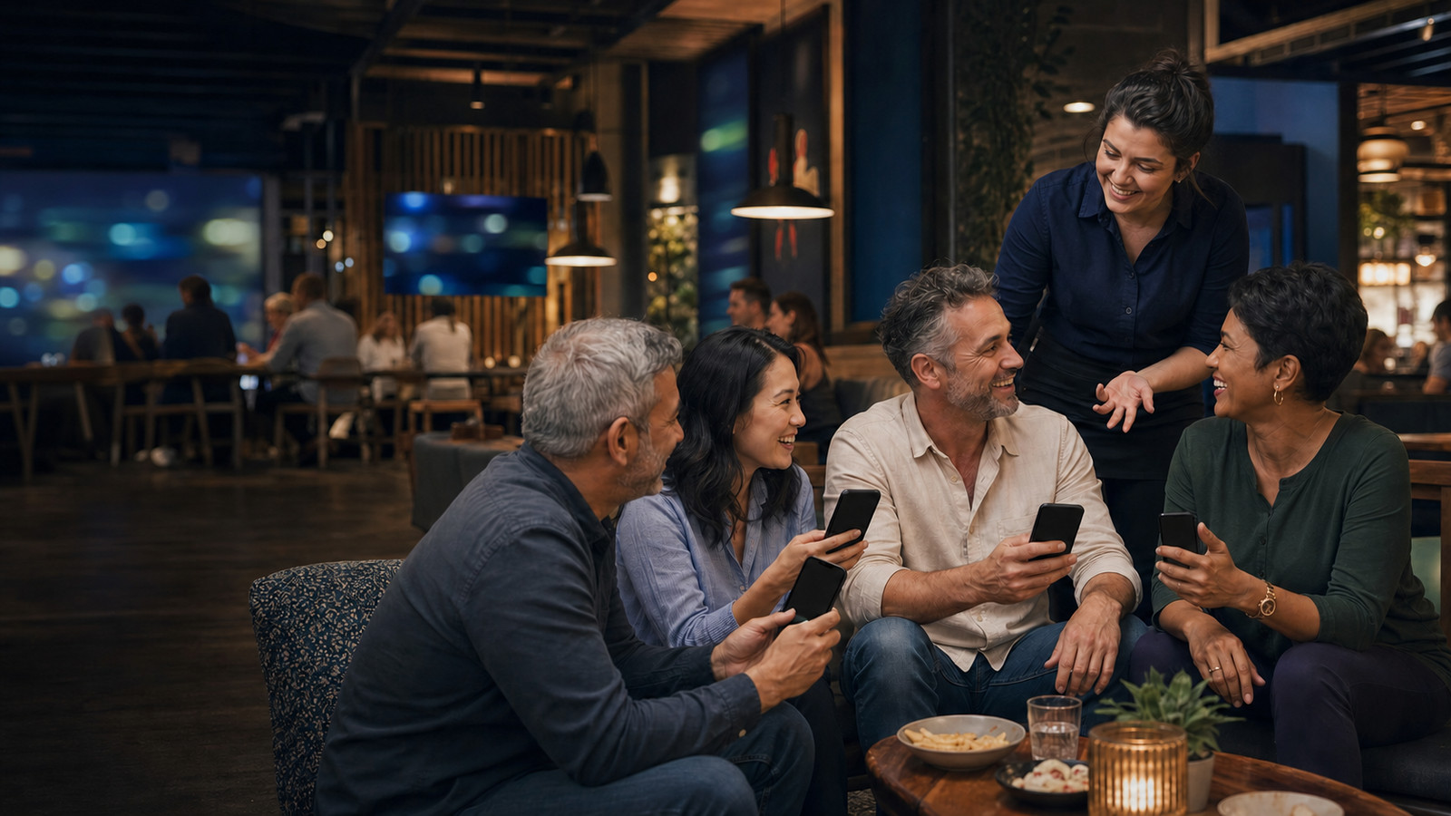 A group settled into lounge seating in a bar, screens glowing behind them, phones out and everyone talking at once.