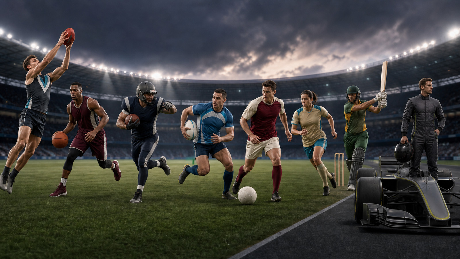 Players from nine sports, including football, basketball, soccer, rugby, cricket, Australian rules and motorsport, spread across one floodlit field at dusk.