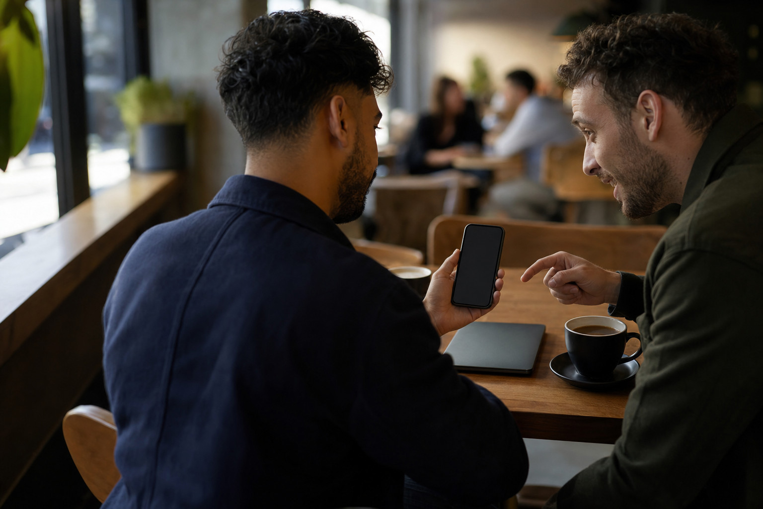 Two people at a cafe table, one holding up a phone to show the other their tips before the round locks.