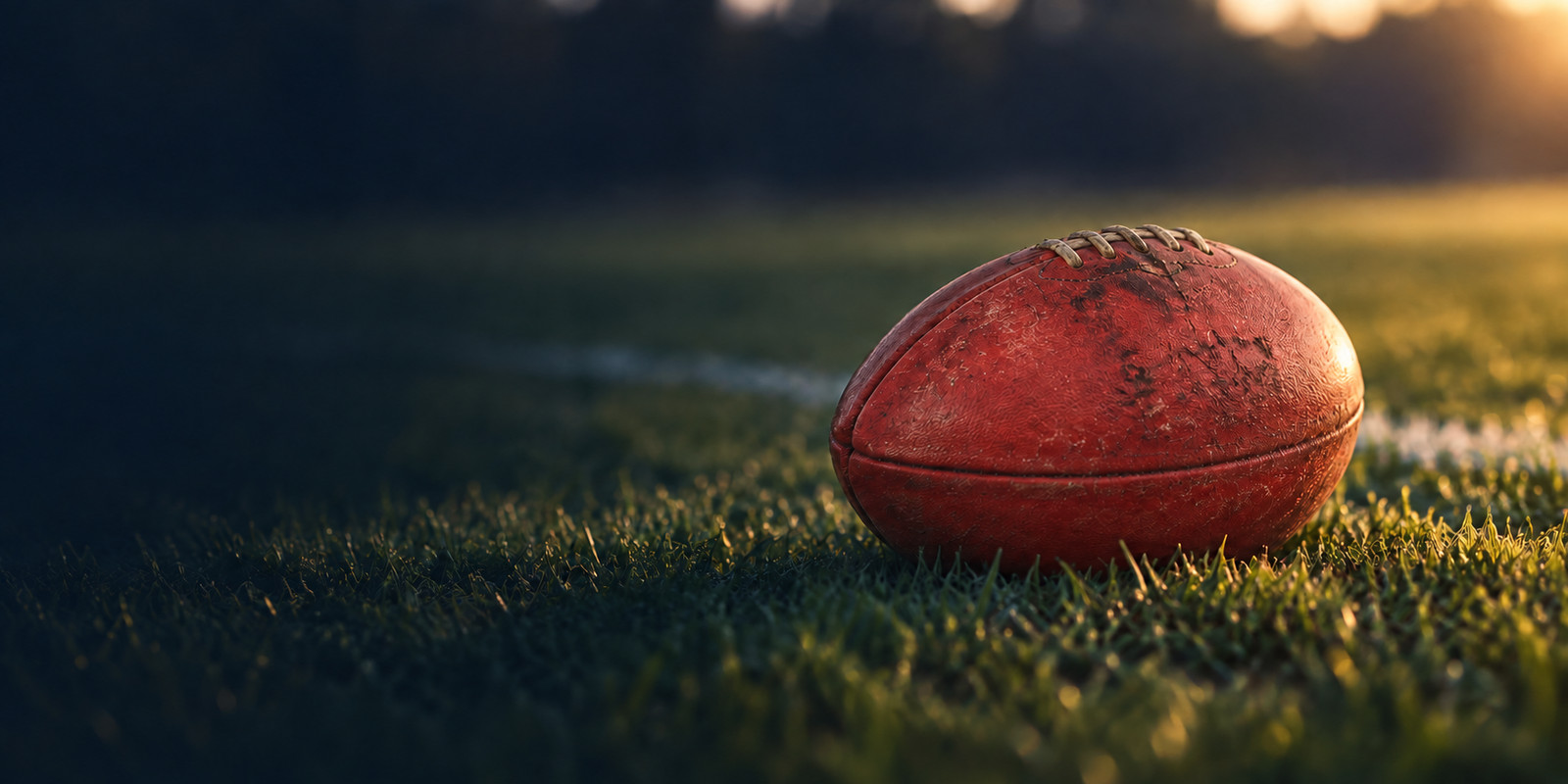 A Sherrin resting on the wing of an empty suburban oval, the last of the afternoon sun coming in low behind the goals.