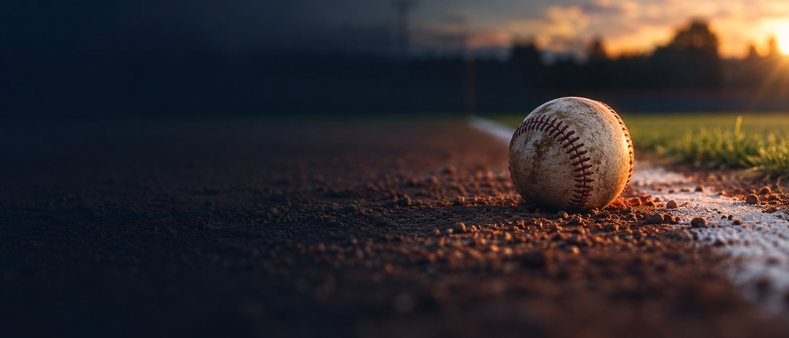 ベースライン際の内野の土の上に転がる、擦り傷のついた野球のボール。ダイヤモンドに夕日が差し込んでいます。