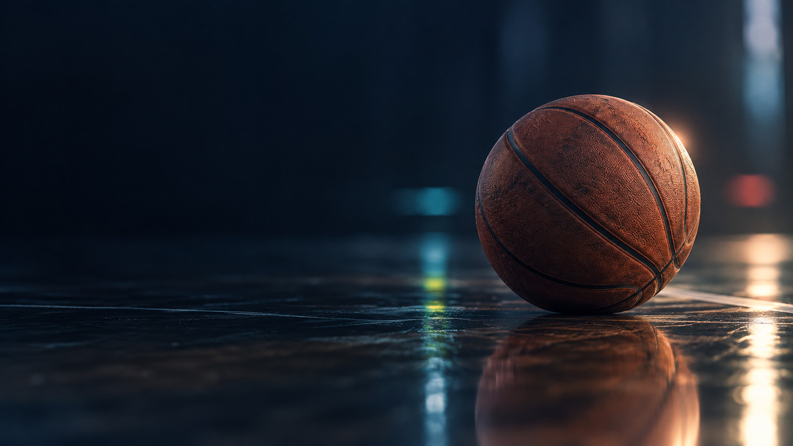 A basketball at rest on a polished court, arena lights reflecting in the floor behind it.