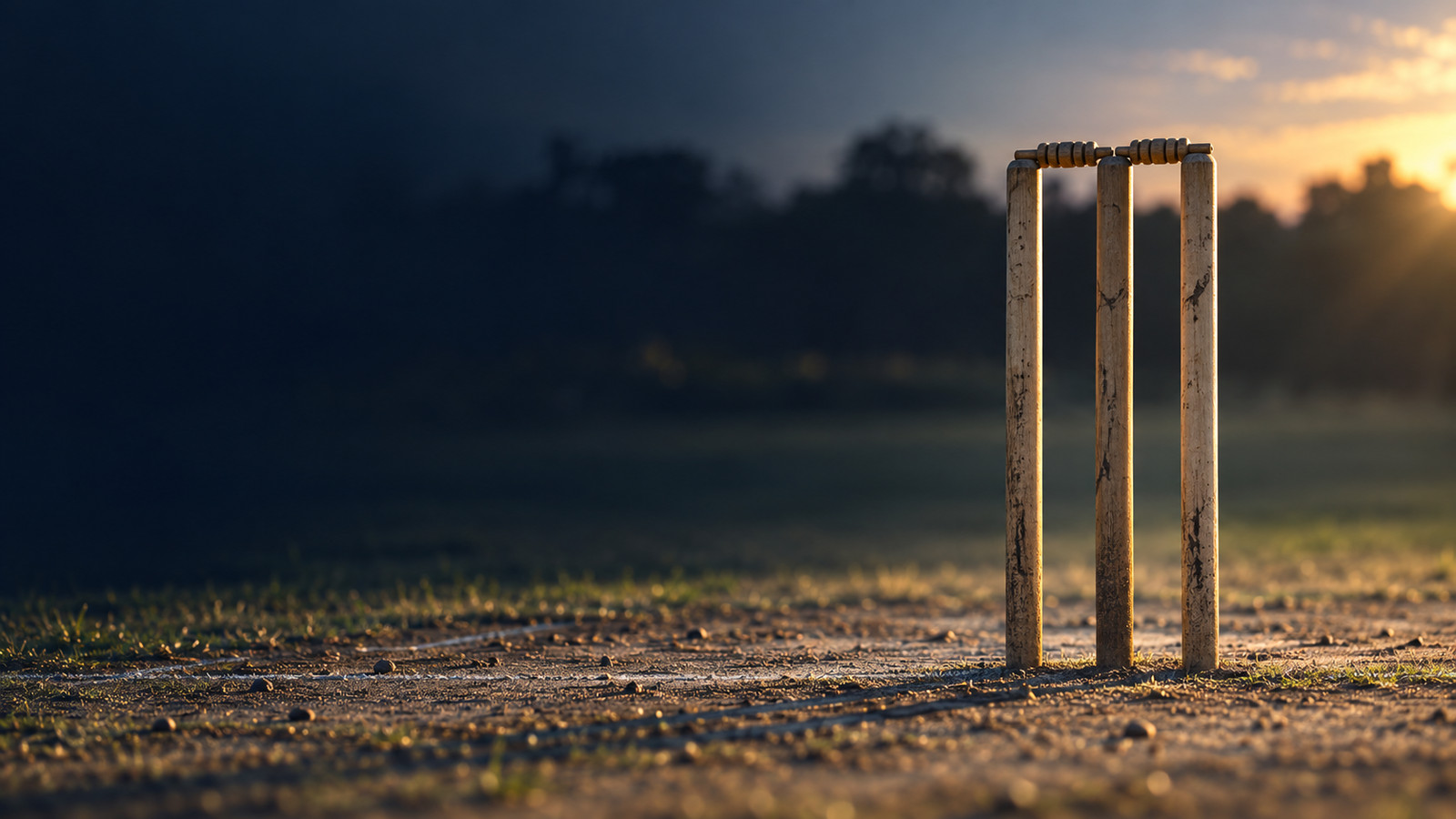 Stumps standing on a dry summer ground at sunset, the bails still on and the light going orange behind the trees.