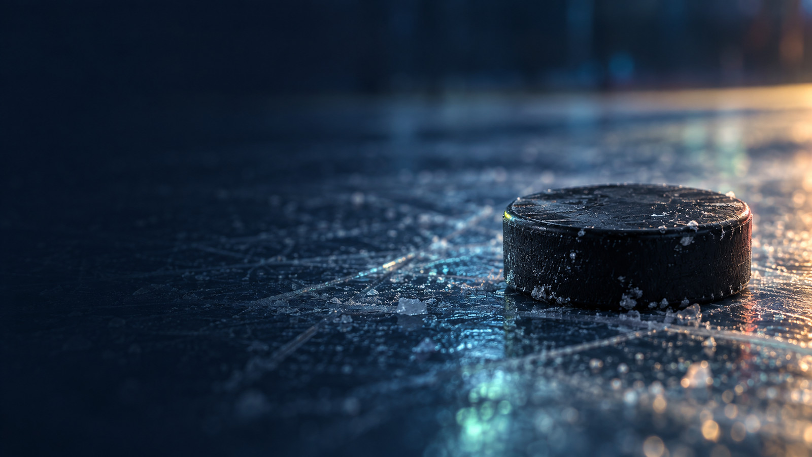 A puck sitting on scarred ice, rink lights breaking up in the surface around it.