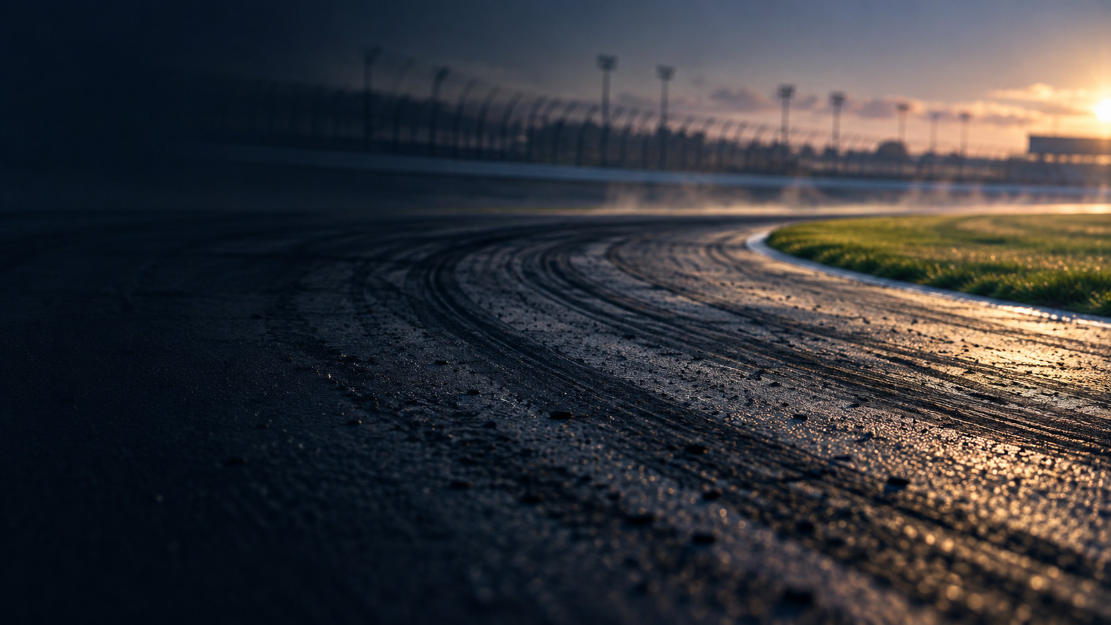 An empty banked oval curving away into the evening, rubber laid down through the corner.