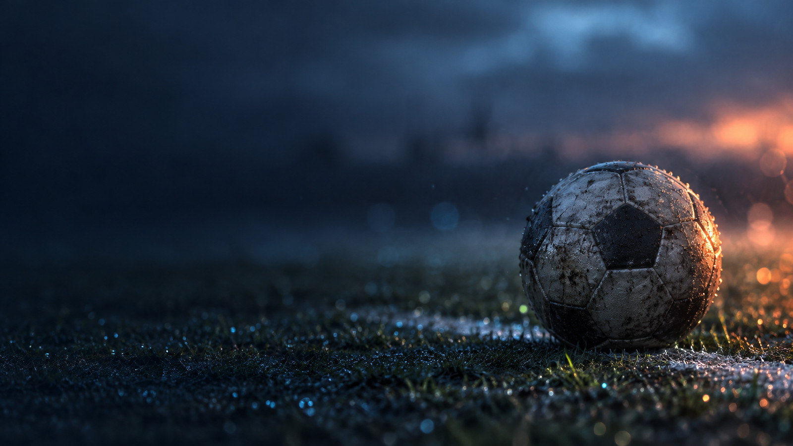 A worn football on a frosted winter pitch at dusk, floodlights just coming up behind the cloud.