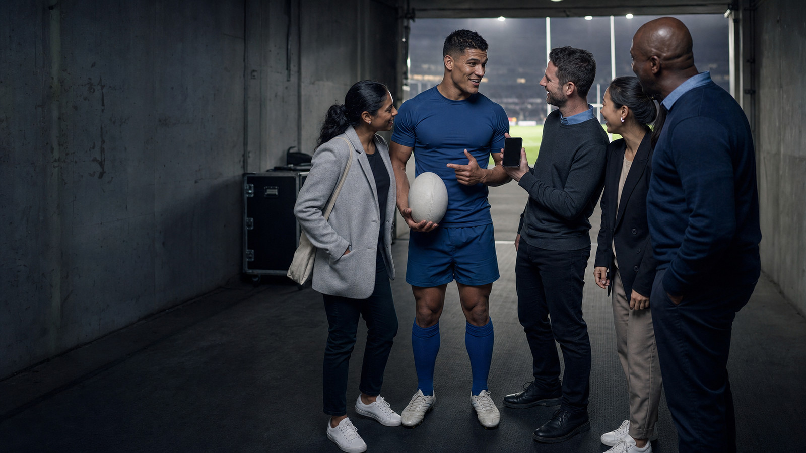A player in kit holding a ball in a stadium tunnel, talking with staff in the concrete half-light.
