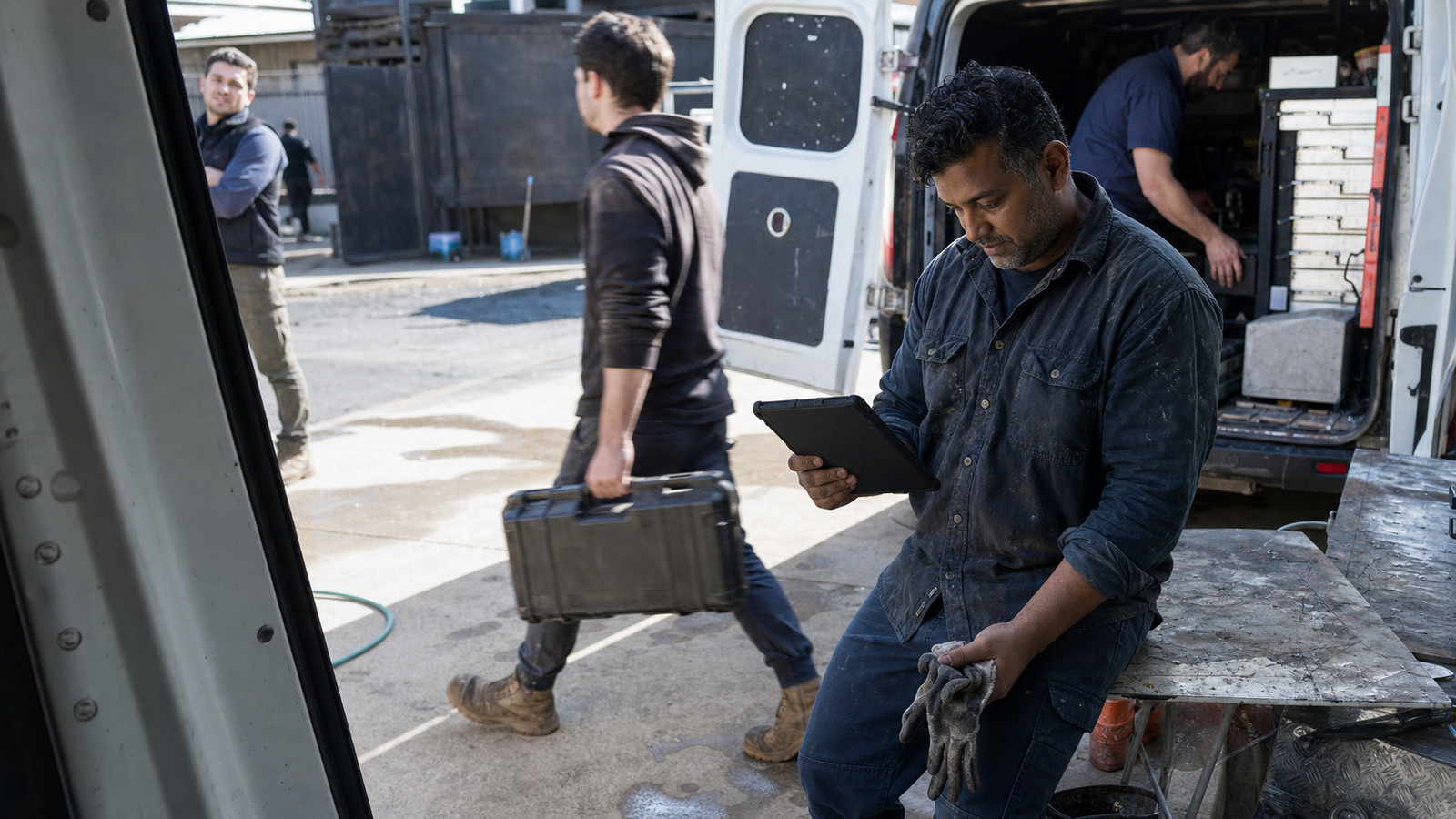 A tradesperson at a bench in a service yard first thing in the morning, tablet down beside the tools, vans loading behind.